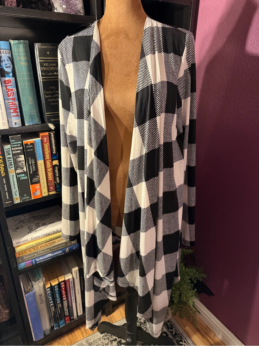 Black and White Buffalo Plaid Open Front super lightweight Cardigan